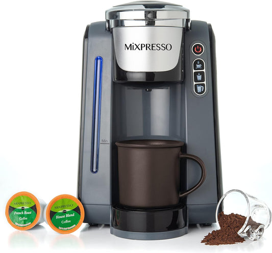 Mixpresso Enkelbediening K-Cup Koffiemaker Met 4 Brougroottes vir 1.0 & 2.0 K-Cup Peule, Verwyderbare 45oz Waterreservoir, Vinnige Brou met Outo-Afskakeling, Vinnige Brou Tegnologie Grys Koffiemaker