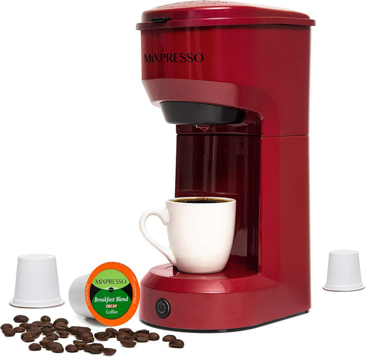 Mixpresso 2-in-1 Koffiebrouer, Enkelbedien & Persoonlike Koffiemaker, Kompakte Grootte Mini, Vinnige Brou Tegnologie, 14oz Rooi