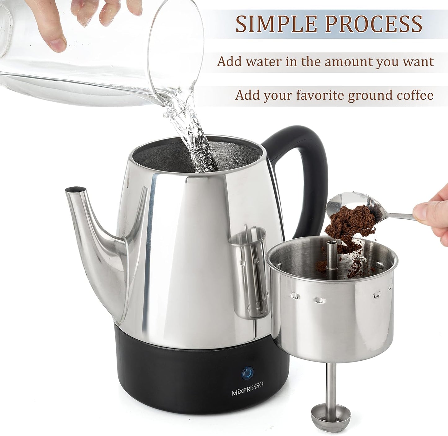 Mixpresso Klein Perkolator Koffiepot Elektries 4 Koppies, Vlekvrye Staal Koffiemaker, Koffieperkolator Elektries Met Warmhou-funksie, 4 Koppies Vlekvrye Staal Perkolator Met Mandjie