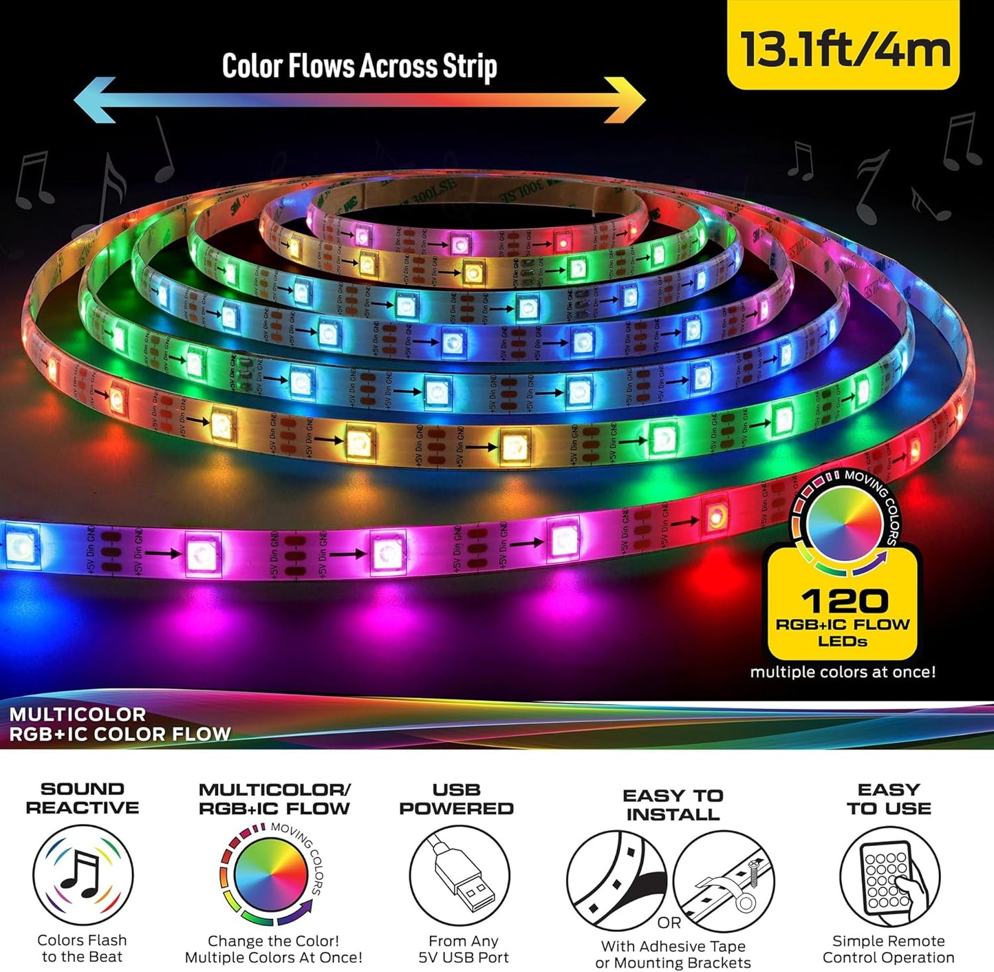 Monster 13.1ft Color Flow Multi-Color LED Light Strip, Indoor, Fun Flash Mode, Remote Control, Dimmable, Self Adhesive, Timer, 120 RGB+IC LEDs, USB Powered, Multi-White, Sound Reactive