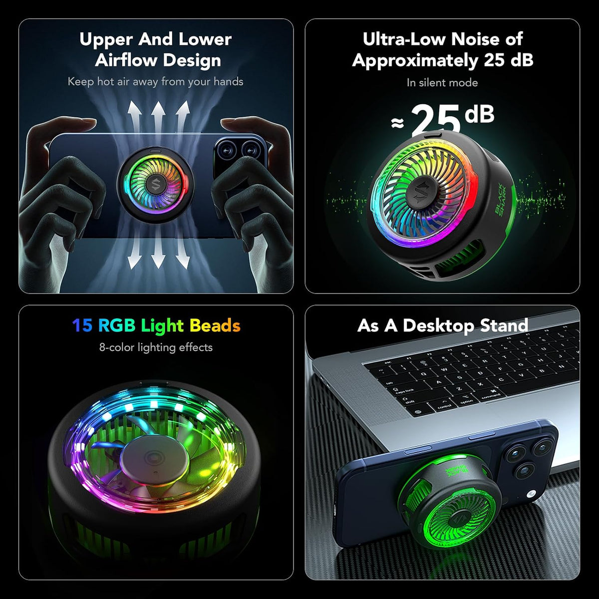 Magnetic Cell Phone Cooler for Gaming, Portable Mobile Phone Cooling Fan with RGB Light, App-Controlled Cellphone Radiator for iPhone Magnetic Series/iPad (Black)