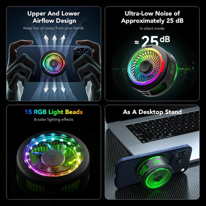 Magnetic Cell Phone Cooler for Gaming, Portable Mobile Phone Cooling Fan with RGB Light, App-Controlled Cellphone Radiator for iPhone Magnetic Series/iPad (Black)
