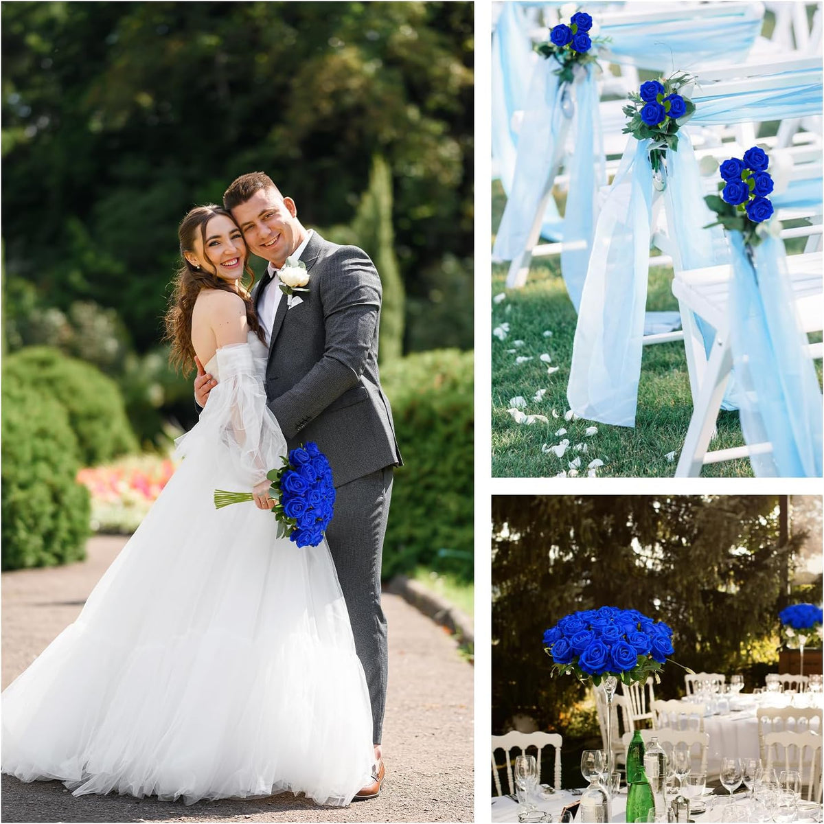 50 PCS Bulk Royal Blue Artificial Flowers, Fake Velvet Blue Roses W/ Stems