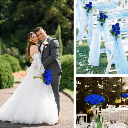 50 PCS Bulk Royal Blue Artificial Flowers, Fake Velvet Blue Roses W/ Stems