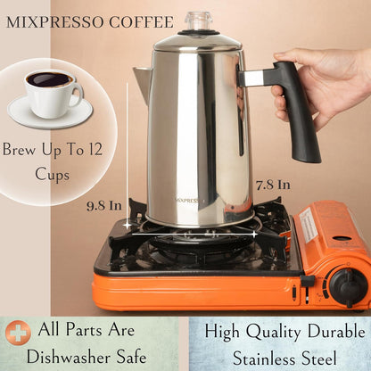 Mixpresso Vlekvrye Staal Koffieperkoleerder Kookplaat, 52 oz Klassieke Perkoleerder-koffiepot, Ideaal Vir Kamp, 12 Koppie Kookplaat-Espressovervaardiger, Koel-aanraakhandvatsel