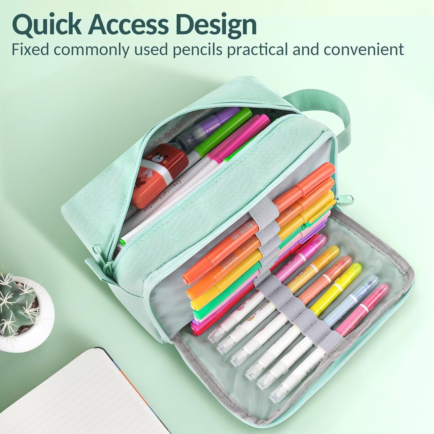 Original High Capacity Pencil Case, Big Pencil Bag Pouch Box Organizer Pen Case, Portable Journaling Supplies with Easy Grip Handle & Loop, Aesthetic Supply for Girls Adults, Mint Green