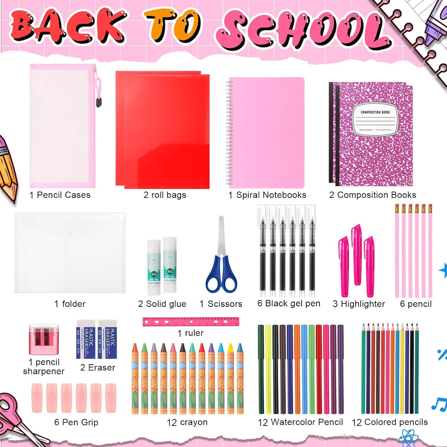 Back to School Supplies Essentials (39 PCS) Bundle Include Pencils Scissors Ruler Eraser Crayon Sharpener Notebook Pencil Case Folder Notebook(Pink)