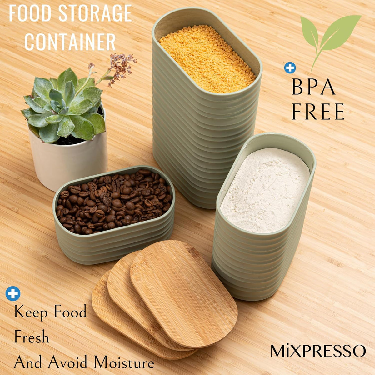 Mixpresso Olive Green Canisters Sets for the Kitchen – 3-Piece Airtight Plastic Sugar Container Set with Bamboo Lids in Three Different Sizes – Decorative Modern Storage Jars for Coffee &Tea