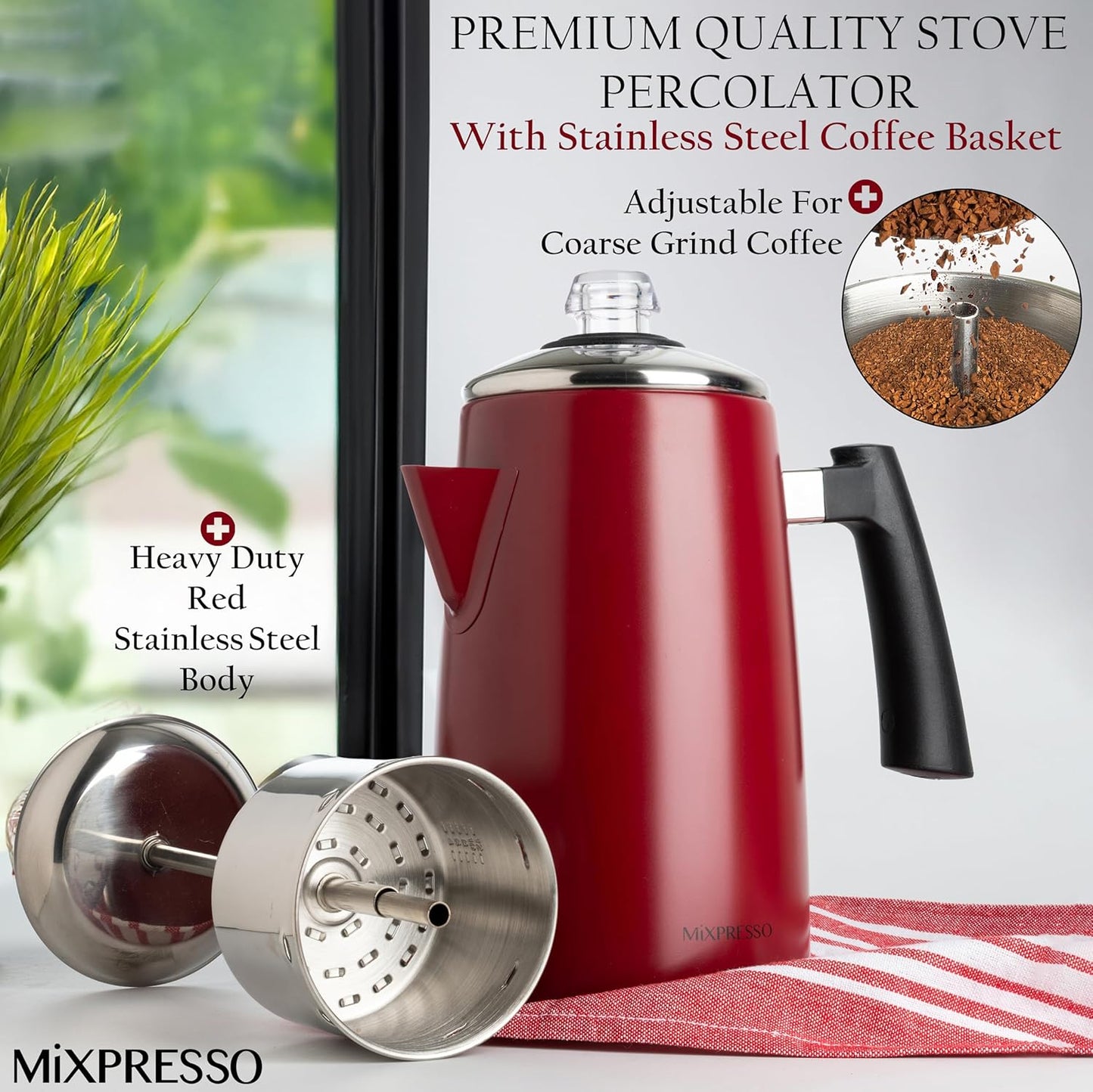 Mixpresso Rooi Vlekvrye Staal Koffieperkoleerder Kookplaat, 52 oz Klassieke Perkoleerder Koffiepot, Puik Vir Kamp, 12 Koppie Kookplaat Espressomaker, Koel-om-aan-te-raak Handvatsel