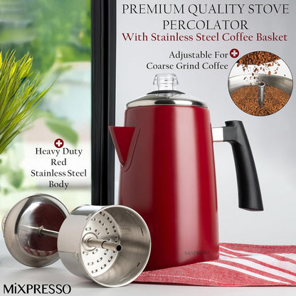 Mixpresso Rooi Vlekvrye Staal Koffieperkoleerder Kookplaat, 52 oz Klassieke Perkoleerder Koffiepot, Puik Vir Kamp, 12 Koppie Kookplaat Espressomaker, Koel-om-aan-te-raak Handvatsel