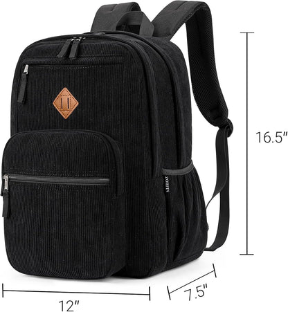 26L Backpack for School, College, and Travel: Corduroy Bookbag with 8 Compartments - Black