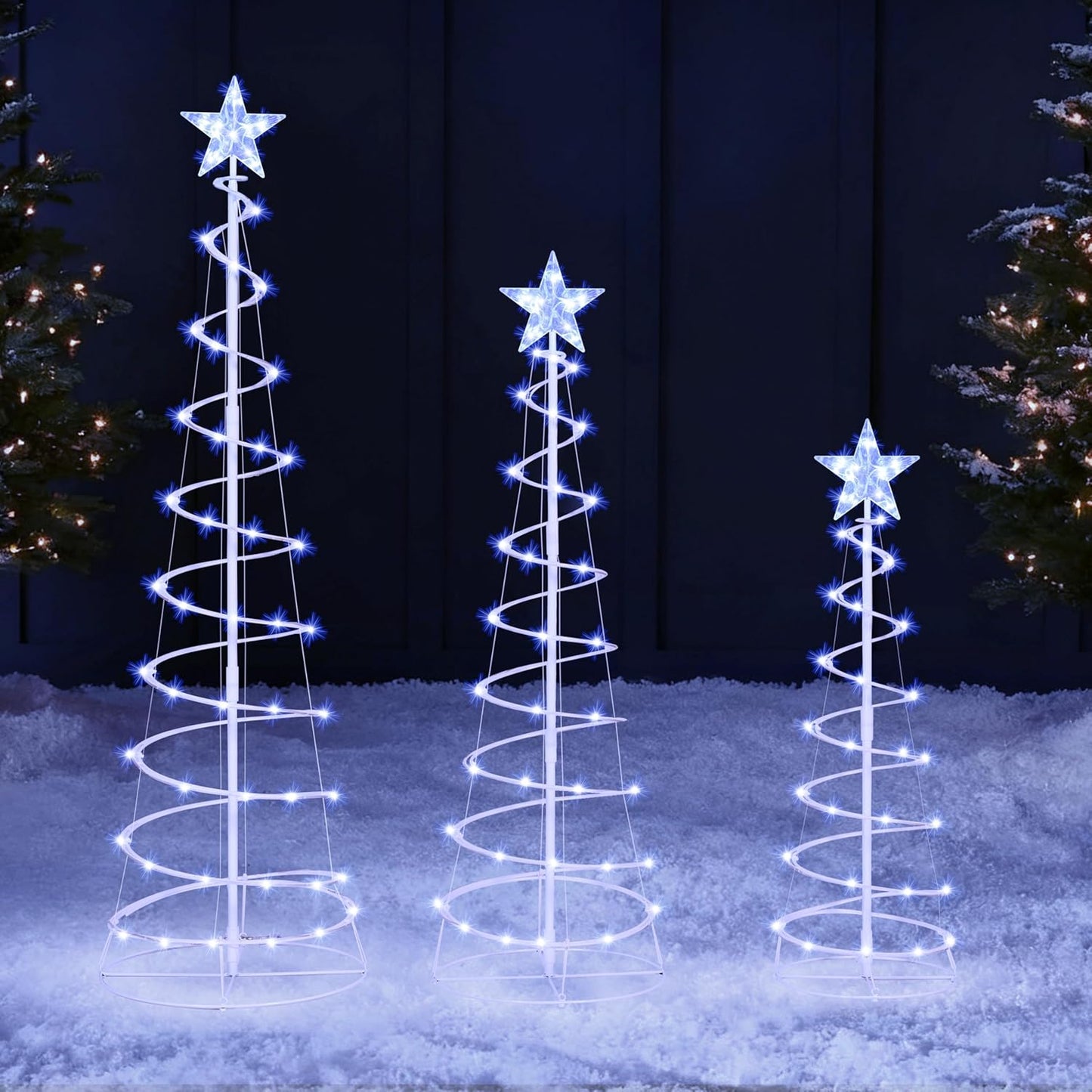 (3Pack) Spiral Christmas Tree Lights, 218 LED Outdoor Lighted Tree with Star Topper & Stakes, Christmas Decorations - Cool White