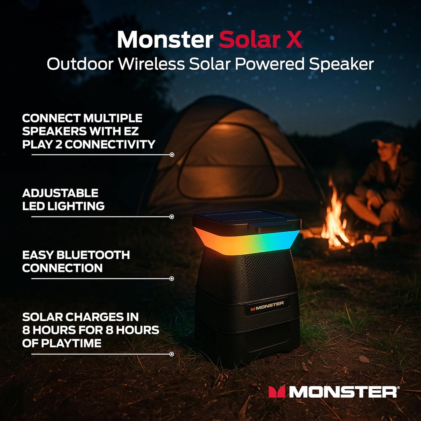 Monster Solar X Speaker - Bluetooth Wireless Solar Powered 360 Degree Sound with LED, Easy Connect, 8 Hours of Playtime and 30W Bass