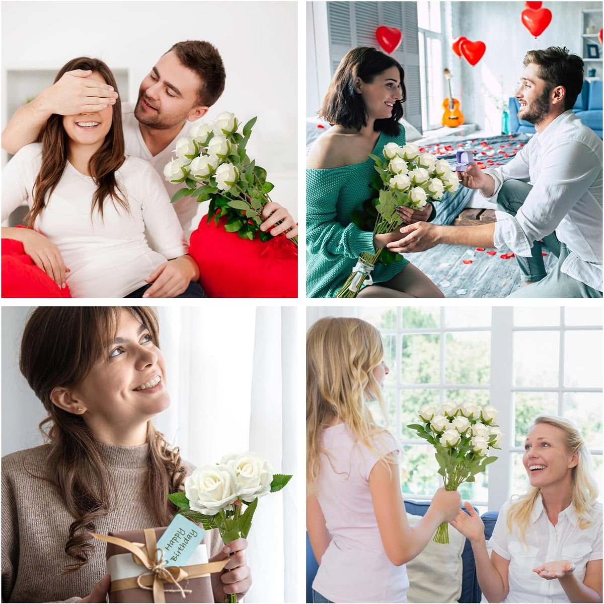 50 PCS Bulk Artificial Flowers, Fake Velvet Silk White Roses W/ Long Stems