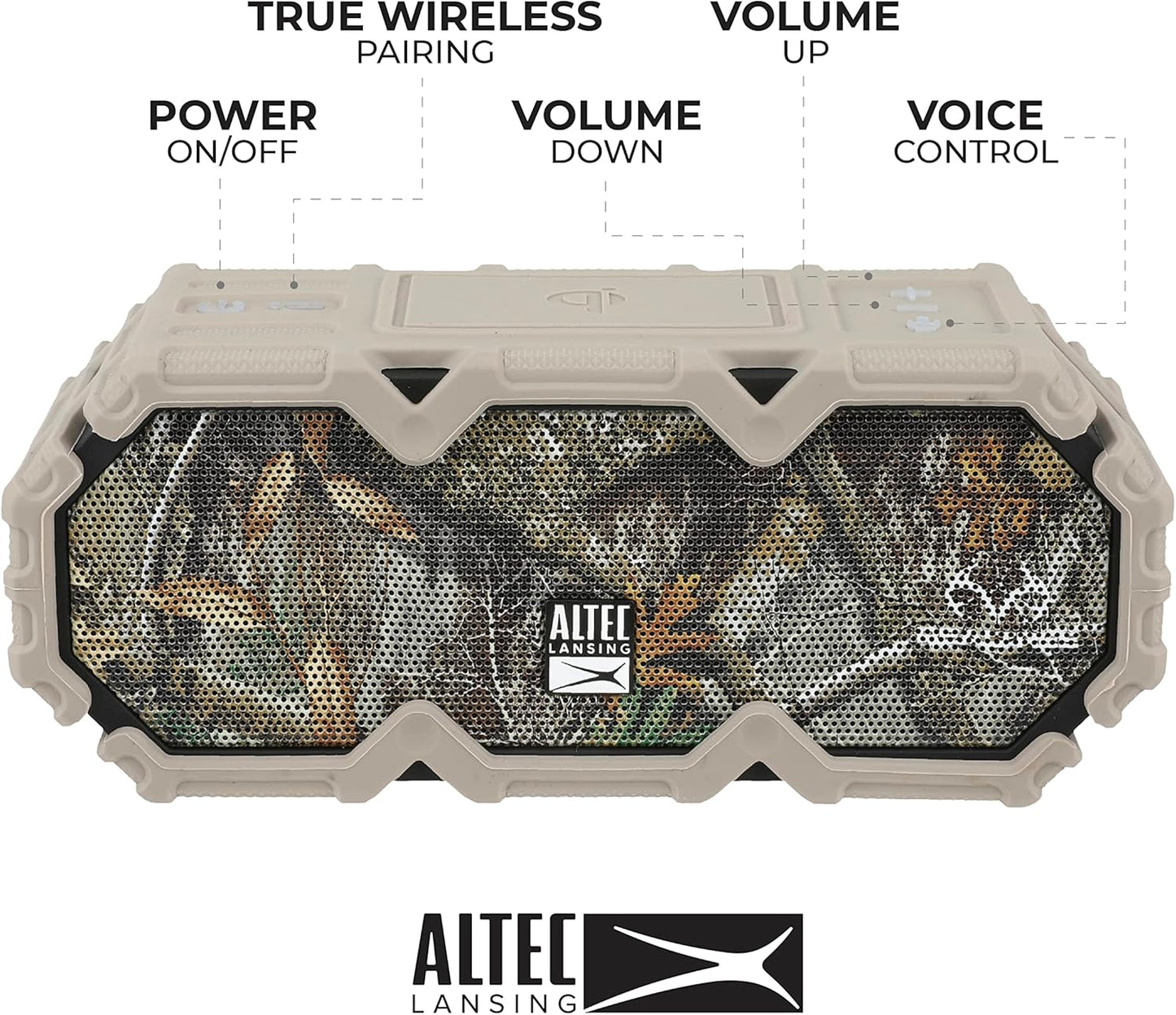 Altec Lansing x Realtree® IMW580 Draagbare Stewige Bluetooth-luidspreker Qi Draadlose Laai, 20 Uur Batterylewe, Swaardiens, Waterdig, LED-ligte, 100FT Draadlose Bereik en Stemassistent