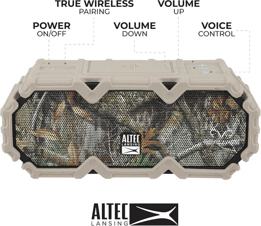 Altec Lansing x Realtree® IMW580 Draagbare Stewige Bluetooth-luidspreker Qi Draadlose Laai, 20 Uur Batterylewe, Swaardiens, Waterdig, LED-ligte, 100FT Draadlose Bereik en Stemassistent
