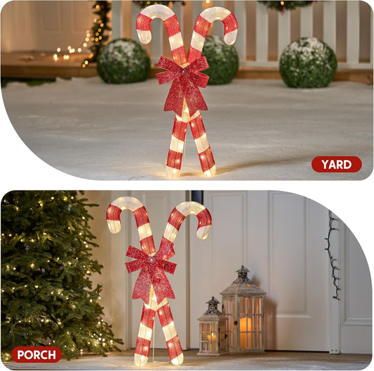 Lighted Candy Cane Christmas Decorations Outdoor, 50 Pre-Lit LED Warm White w/ Metal Stakes for Outside Porch