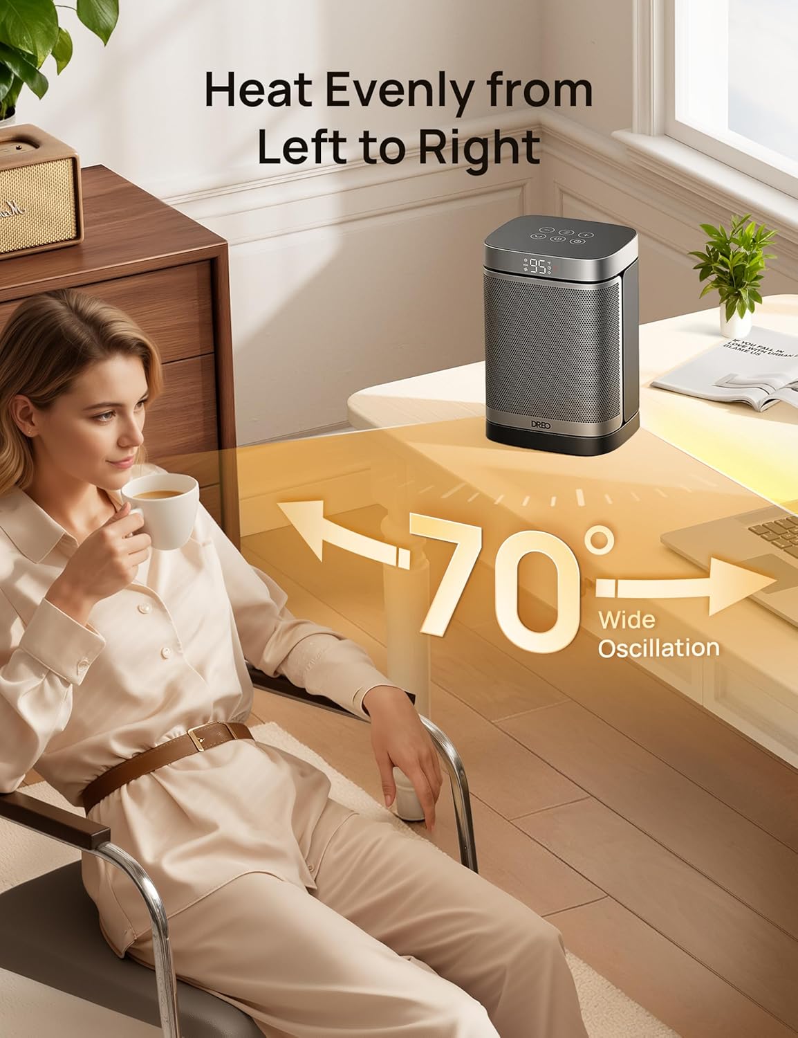 Draagbare Atom Een Ruimteverwarmer met Afstandbeheer, 70°Ossillerend met Digitale Termostaat, 1500W PTC Keramiek, 12h Tydhouer, Stil Veiligheidsverhitting - Silwer