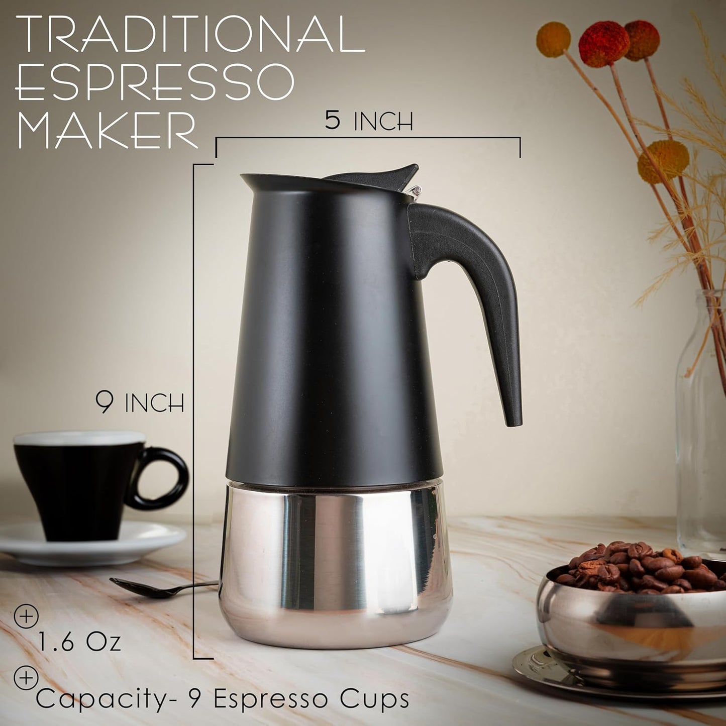 Mixpresso Swart 9 Koppie Greca Stofplaat-Espressopot 450ml/15oz, Mokapot met Koffieperkolator-ontwerp, Vlekvrye Staal Stofplaat-Koffiemaker vir Kamp- of Tuisgebruik, Italiaanse Stofplaat-Espressomaker