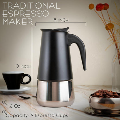 Mixpresso Swart 9 Koppie Greca Stofplaat-Espressopot 450ml/15oz, Mokapot met Koffieperkolator-ontwerp, Vlekvrye Staal Stofplaat-Koffiemaker vir Kamp- of Tuisgebruik, Italiaanse Stofplaat-Espressomaker