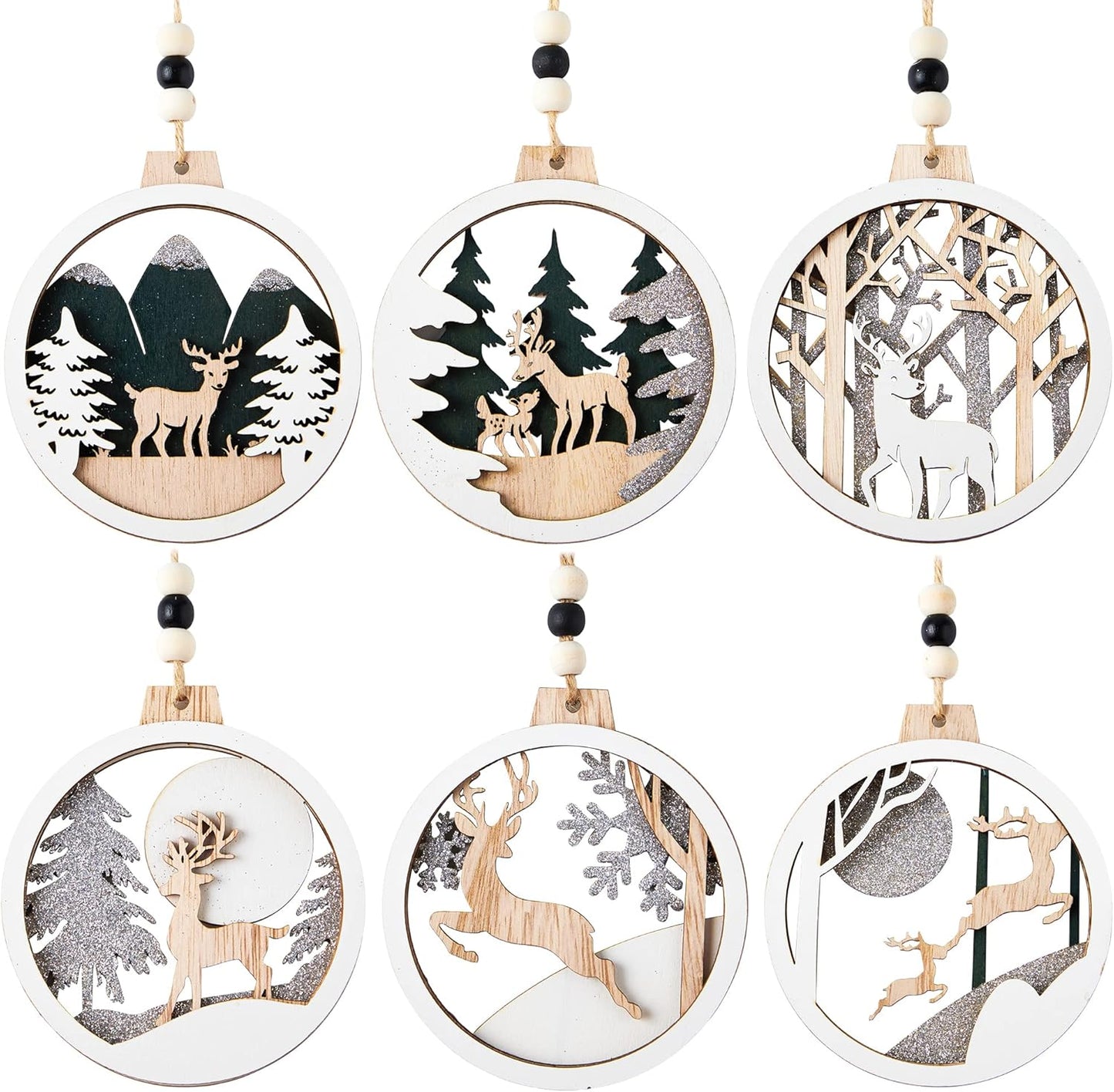 (6PCS) Christmas Wooden Ornaments  Farmhouse Rustic Reindeer, Hanging Wood Ornaments - Rustic
