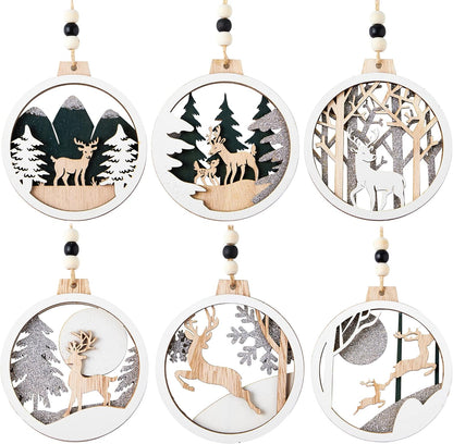 (6PCS) Christmas Wooden Ornaments  Farmhouse Rustic Reindeer, Hanging Wood Ornaments - Rustic