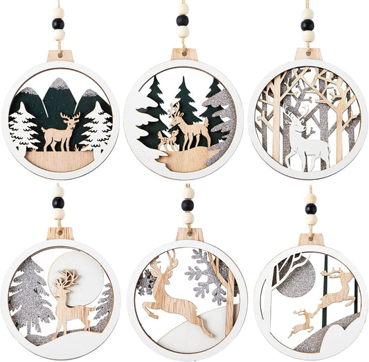 (6PCS) Christmas Wooden Ornaments  Farmhouse Rustic Reindeer, Hanging Wood Ornaments - Rustic