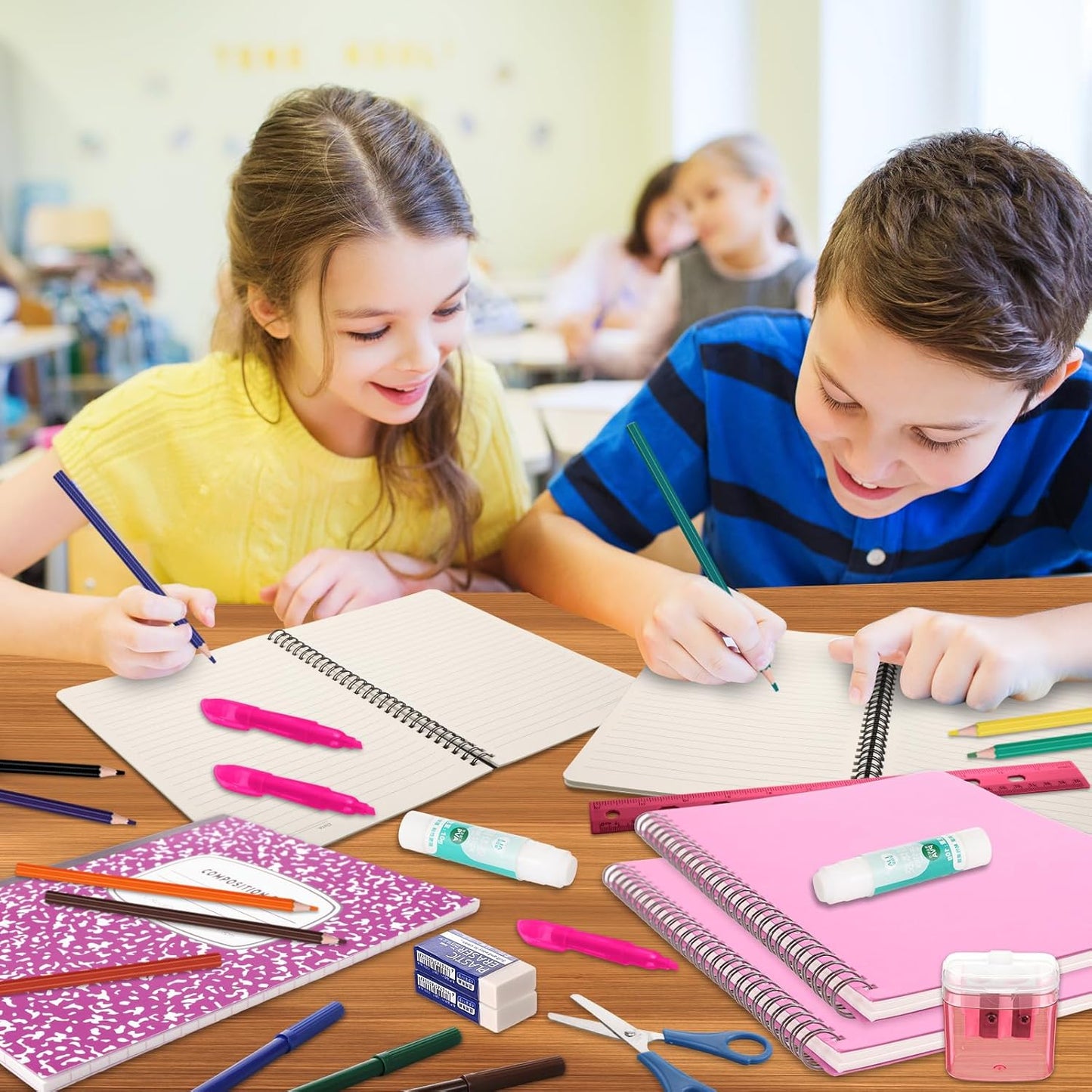 Back to School Supplies Essentials (39 PCS) Bundle Include Pencils Scissors Ruler Eraser Crayon Sharpener Notebook Pencil Case Folder Notebook(Pink)