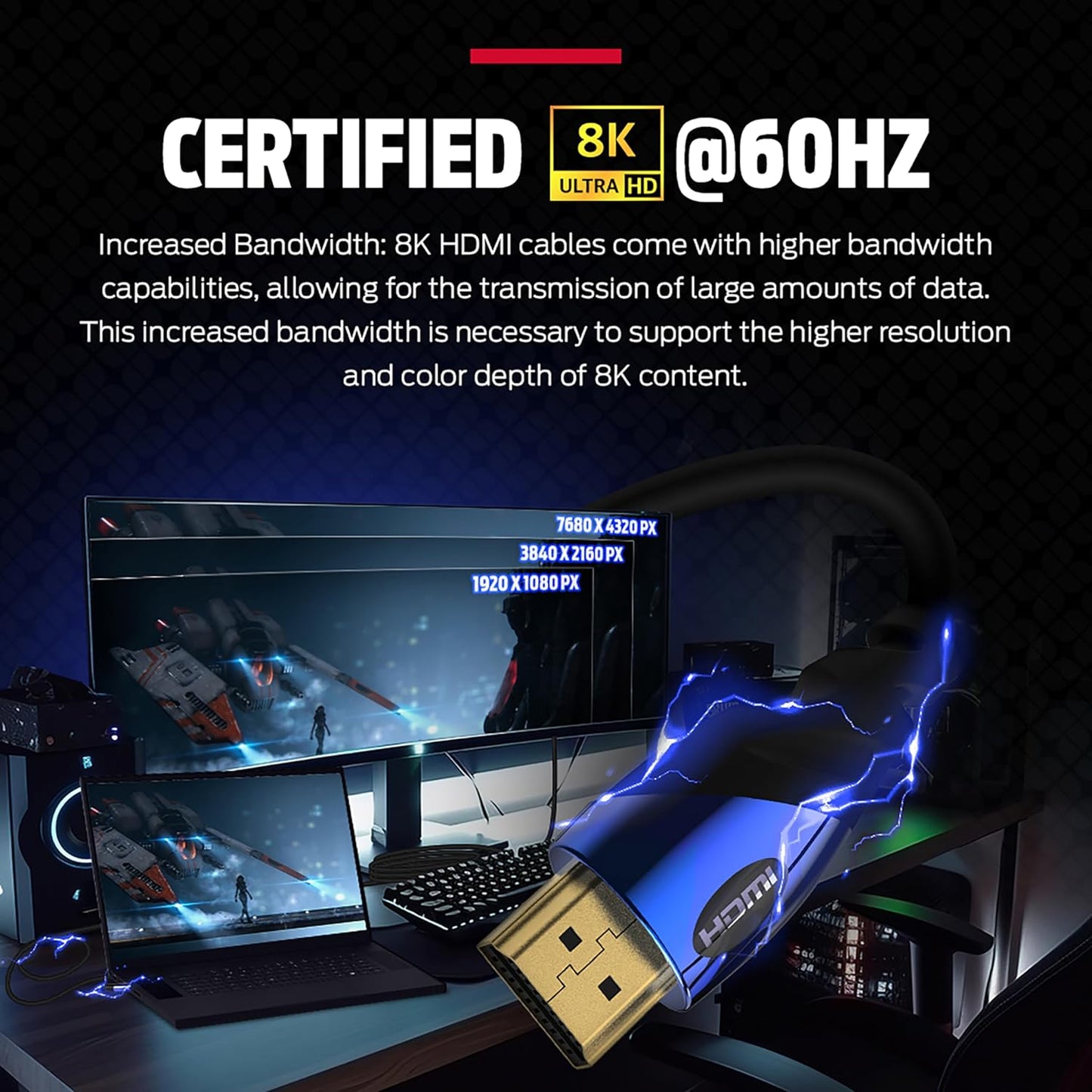 Monster 8K HDMI-kabel (2 VT) — 5 HDMI-kabel met 24K goue kontakte, 48 Gbps-spoed, 60/120 Hz verversingstempo, dinamiese HDR en eARC vir voortreflike beelde en klank