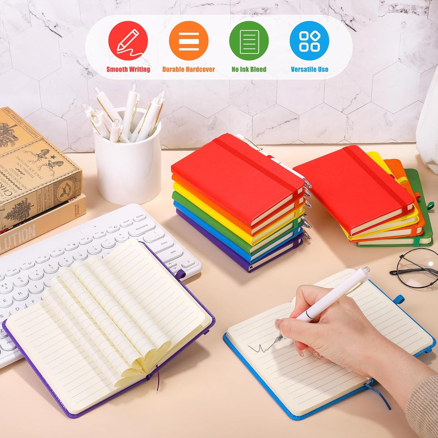 50 Sets Pocket Notebook Journals with Pens, A6 Mini Hardcover PU Leather Lined Notebooks 3.5 x 5.5 Inch College Ruled Notepad With Pen Holder for Office School Supplies, Rainbow Color