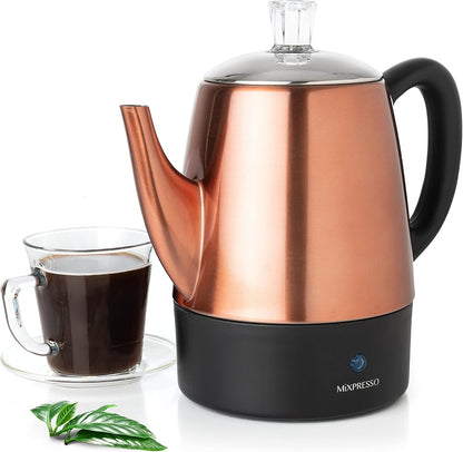 Mixpresso Elektriese Koffieperkoleerder Koperliggaam met Vlekvrye Staal Deksel Koffiemaker, Perkoleerder Elektriese Pot - 4 Koppies, Koper Kampkoffiepot