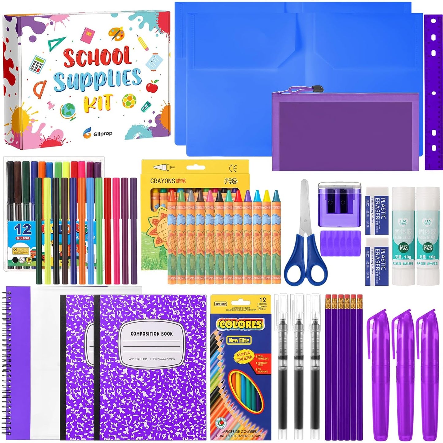 Back to School Supplies Essentials (39 PCS) Bundle Include Pencils Scissors Ruler Eraser Crayon Sharpener Notebook Pencil Case Folder Notebook(Purple)