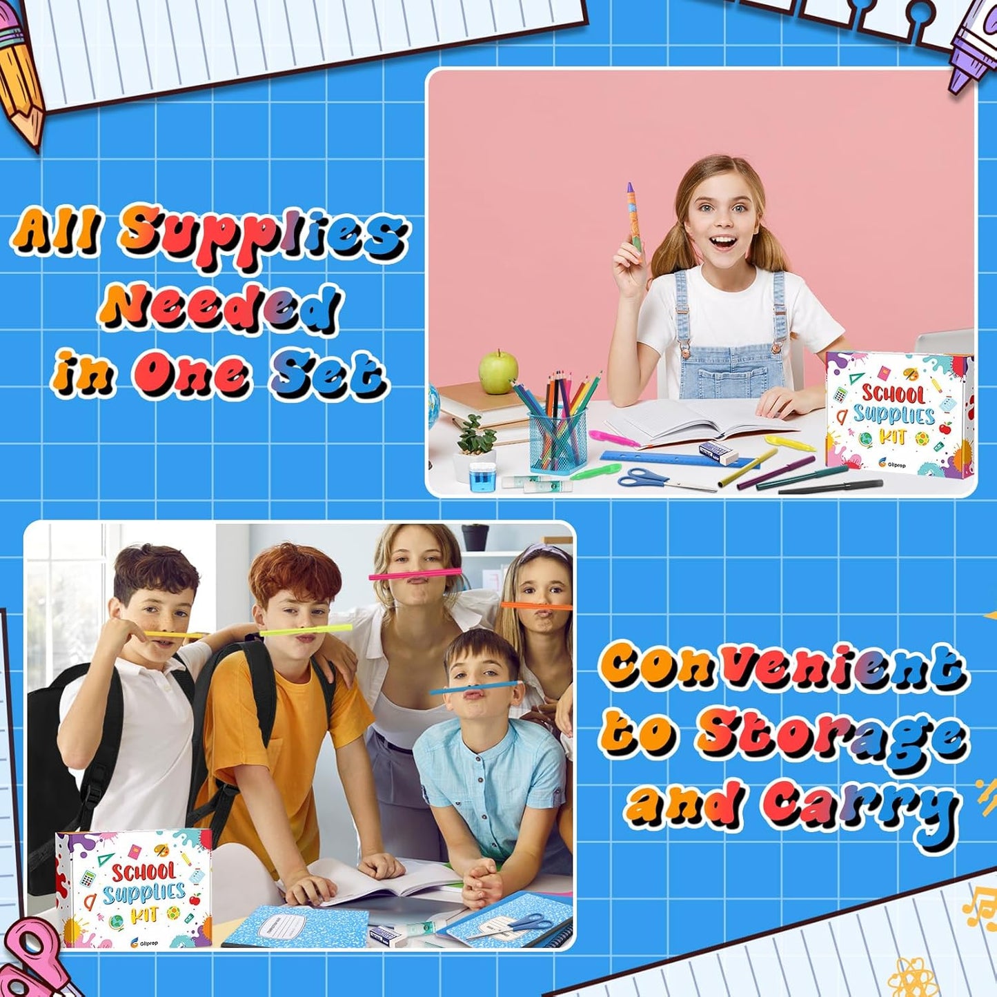 Back to School Supplies Essentials (39 PCS) Bundle Include Pencils Scissors Ruler Eraser Crayon Sharpener Notebook Pencil Case Folder Notebook(Blue)