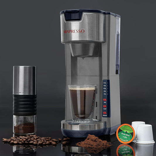Mixpresso Grys Enkelbedien Koffiebrouer K-Cup Peule Versoenbaar & Gemaalde, 30 oz Kompakte Koffiemaker Enkelbedien Met 5 Brougroottes Tot 14 Oz, Pas Reisbeker, Verstelbare Drupbak
