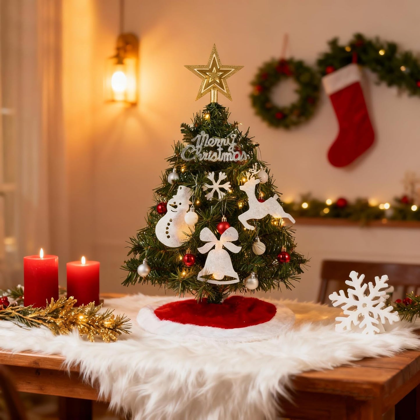 24"/2FT Small Christmas Tree w/ Lights Star Tree Top and Ornaments - Battery Operated Pre-lit