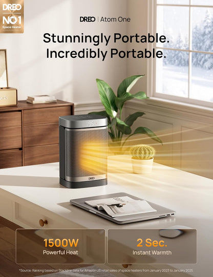 Draagbare Atom Een Ruimteverwarmer met Afstandbeheer, 70°Ossillerend met Digitale Termostaat, 1500W PTC Keramiek, 12h Tydhouer, Stil Veiligheidsverhitting - Silwer