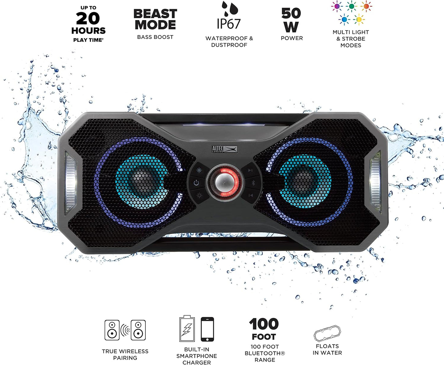 Altec Lansing Mix 2.0 - Waterdigte Bluetooth-luidspreker met Sterk Bass, Draagbare Luidspreker vir Reis- en Buiteluggebruik, 30 Meter Reikwydte & 20 Uur Speeltyd Besoek die Altec Lansing Winkel