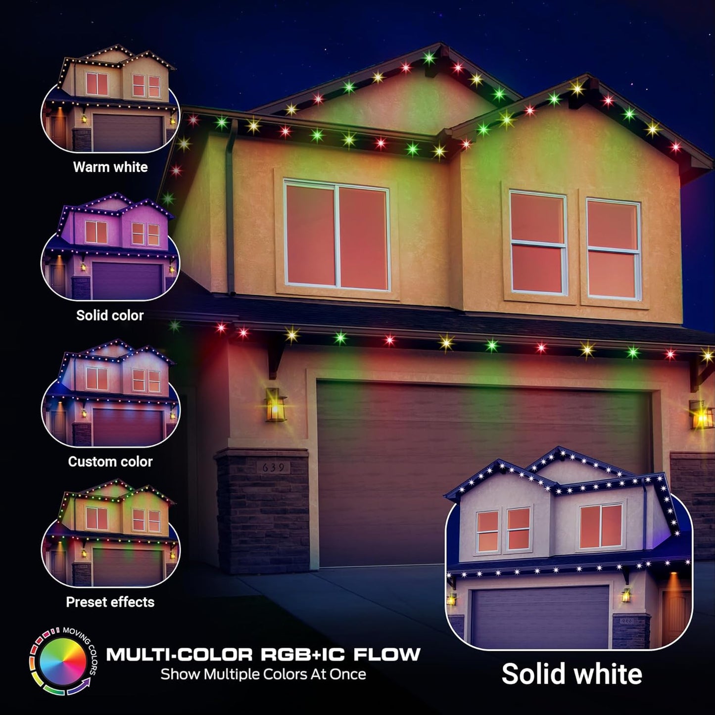 Monster Smart Permanent Outdoor Lights, 50ft, 36 LED Eaves Lights, RGB+IC+WW, Weather & Water Resistant, App & Voice Control, Compatible with Alexa and Google, for Halloween, Christmas & Year-Round