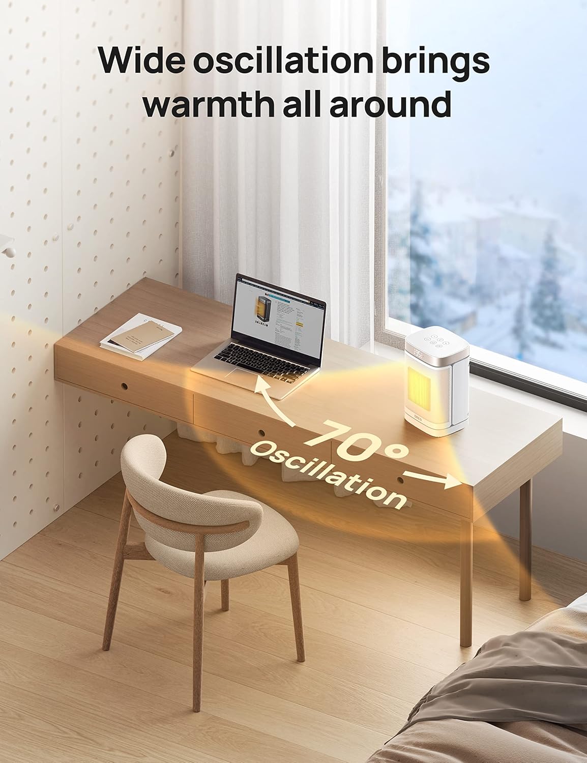 Draagbare Atom One Ruimteverwarmer m/ Afstandbeheer, 70°Ossillerend m/ Digitale Termostaat, 1500W PTC Keramiek, 12h Tydhouer, Stil Veiligheidsverhitting - Starlight