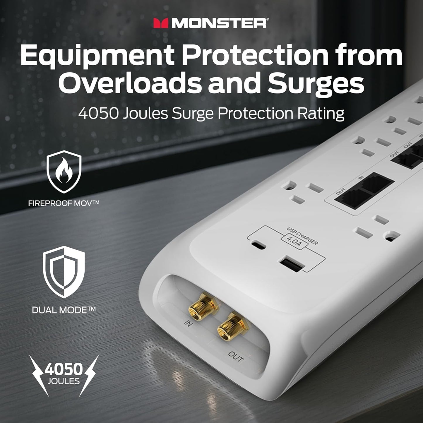 Monster Power Surge Protector w/ 4,050 Jules Rating — Heavy Duty Power Strips with Surge Protection, 8 Outlets, USB-A & USB-C, 2 Coax, 5 Ethernet Ports, Fireproof MOV, Dual Mode (6FT Cord, White)