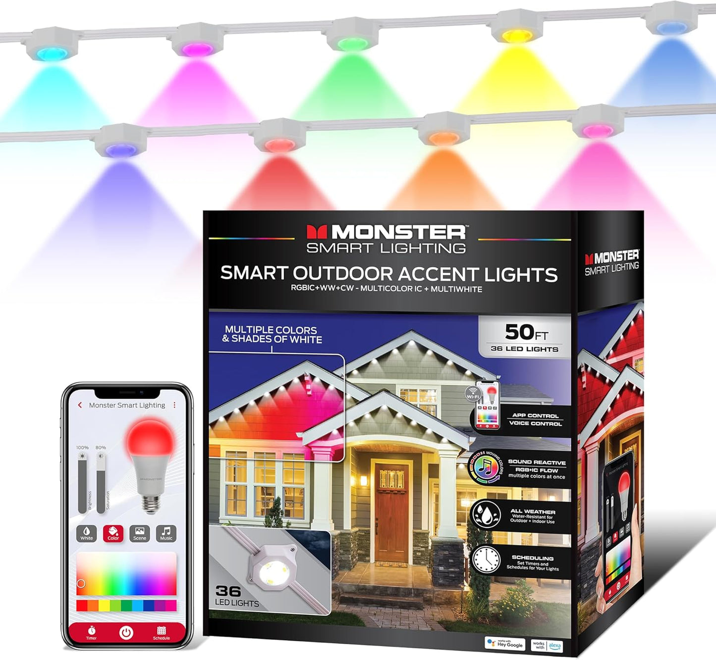 Monster Smart Permanent Outdoor Lights, 50ft, 36 LED Eaves Lights, RGB+IC+WW, Weather & Water Resistant, App & Voice Control, Compatible with Alexa and Google, for Halloween, Christmas & Year-Round