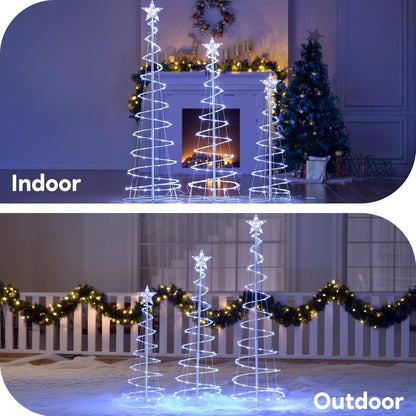 (3Pack) Spiral Christmas Tree Lights, 218 LED Outdoor Lighted Tree with Star Topper & Stakes, Christmas Decorations - Cool White