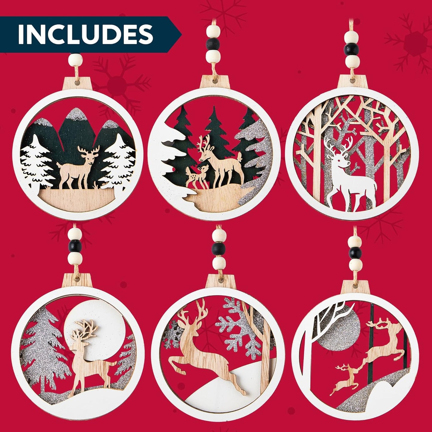 (6PCS) Christmas Wooden Ornaments  Farmhouse Rustic Reindeer, Hanging Wood Ornaments - Rustic