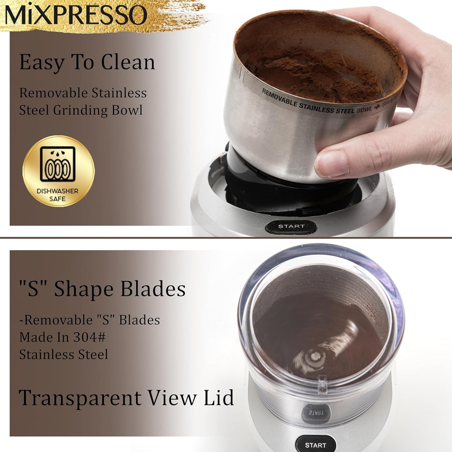 Mixpresso Elektriese Koffiemeul 12 Koppie Kapasiteit, 304 Vlekvrye Staal Lem, Espressoboonmeul, Verwyderbare Kamer, Elektriese Koffiemeul met 5 Voorafinstellings Vir Speserye en Meer