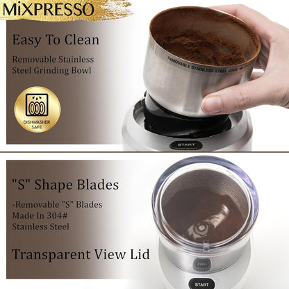 Mixpresso Elektriese Koffiemeul 12 Koppie Kapasiteit, 304 Vlekvrye Staal Lem, Espressoboonmeul, Verwyderbare Kamer, Elektriese Koffiemeul met 5 Voorafinstellings Vir Speserye en Meer