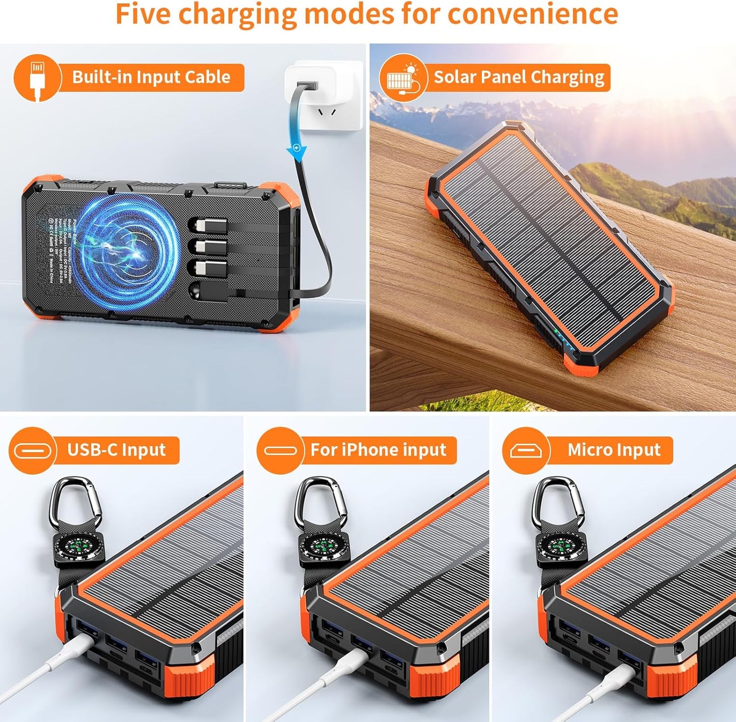 Solar Charger Power Bank 49800mAh Wireless Charger QC 3.0 Fast Charging Power Bank 8 Outputs 4 Inputs Solar Portable Charger Compatible with All Mobile Devices,SOS/Strobe/Strong Flashlights (orange)