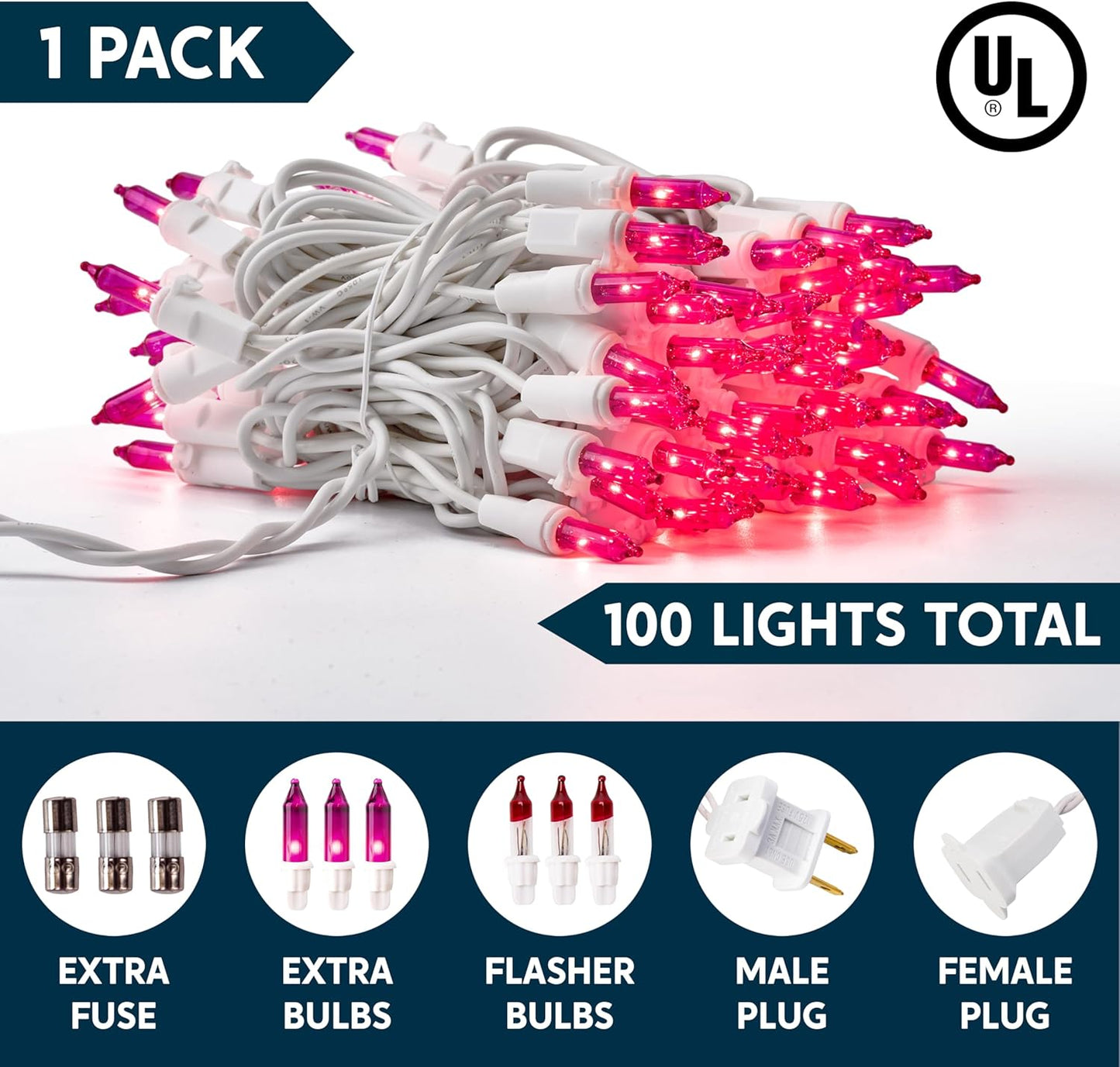 Kersfees String Lights Binne 100CT Mini Pienk 21.4 FT Beligtingsdekor - Wit Draad