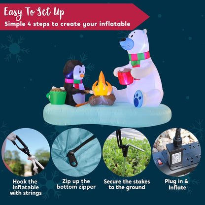 (6FT)  Long Christmas Inflatable Polar Bear and Penguin w/ Campfire, Blow Up Yard Decoration Build-in LEDs Winter Décor