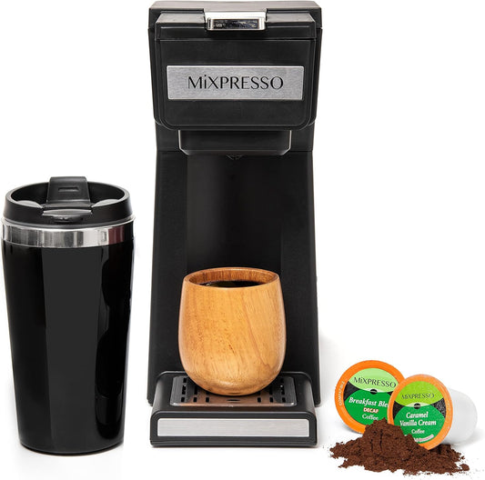 Mixpresso Koffiemaker Enkelbediening Vir Gemaalde Koffie & Versoenbaar Met K-beker Peule, Met 14oz Reisbeker & Herbruikbare Filter Vir Huis, Kantoor & Kampering.