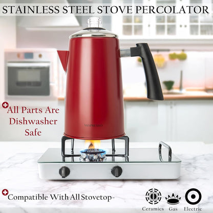 Mixpresso Rooi Vlekvrye Staal Koffieperkoleerder Kookplaat, 52 oz Klassieke Perkoleerder Koffiepot, Puik Vir Kamp, 12 Koppie Kookplaat Espressomaker, Koel-om-aan-te-raak Handvatsel